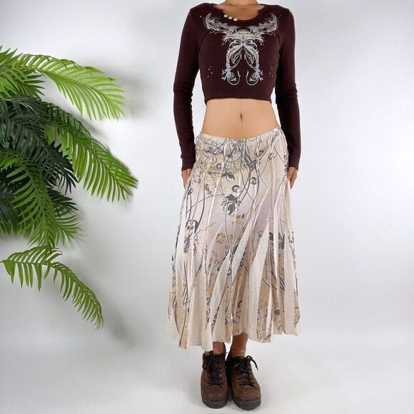 Vintage Beige Floral Fairy Grunge Bohemian Low Rise Hippie Midi Skirt / XL - Picture 1 of 4